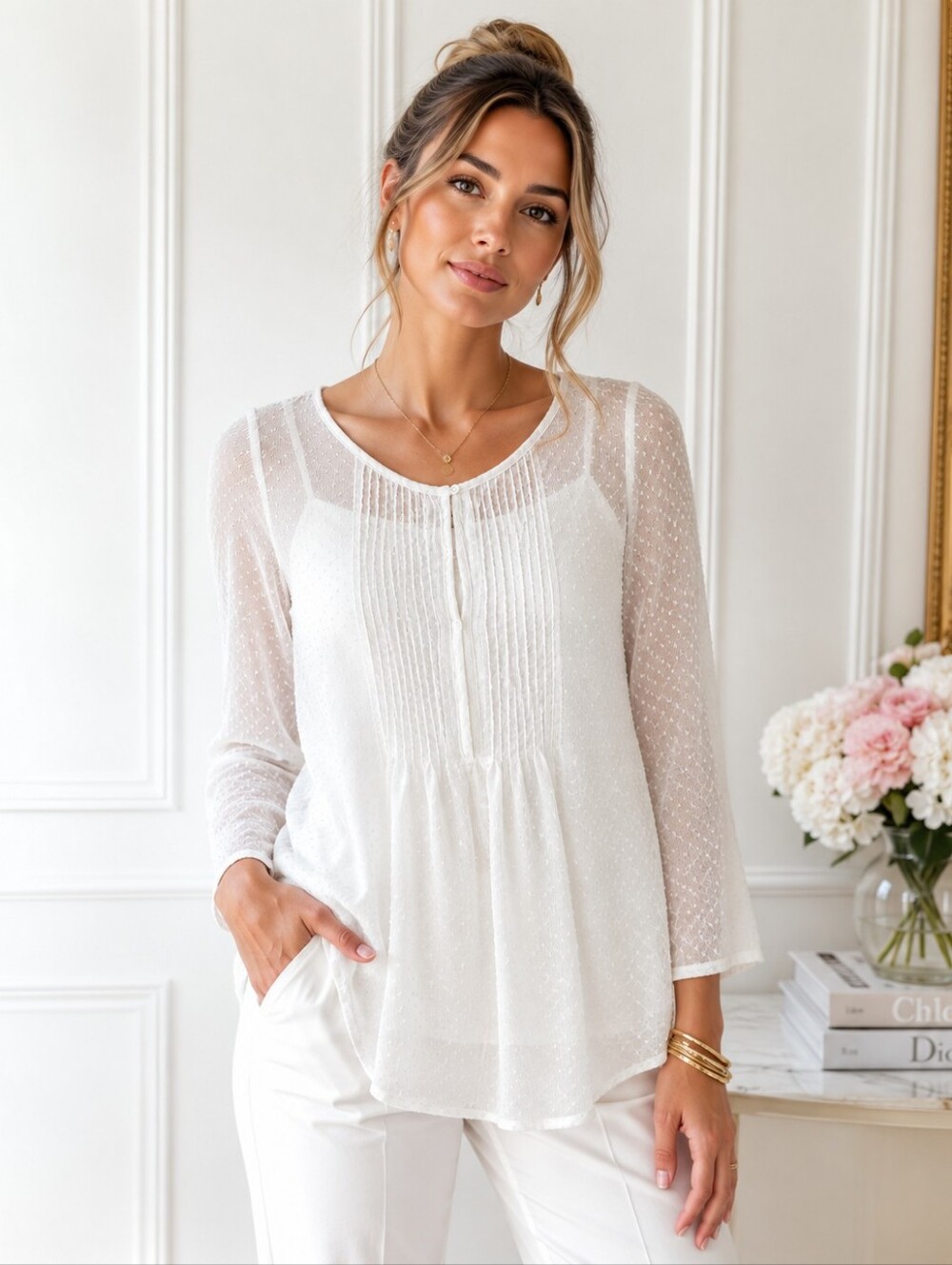 Old Navy White Sheer Swiss Dot Pintuck Peplum Blouse Top Size Medium